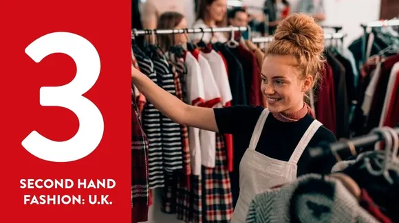 A woman browses clothes on racks in a second-hand fashion store in the U.K.; large red panel on the left reads “3 Second Hand Fashion: U.K.”.