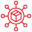 Red outline icon of a package in the center, connected by lines to small circles arranged in a circular pattern, symbolizing distribution or network.
